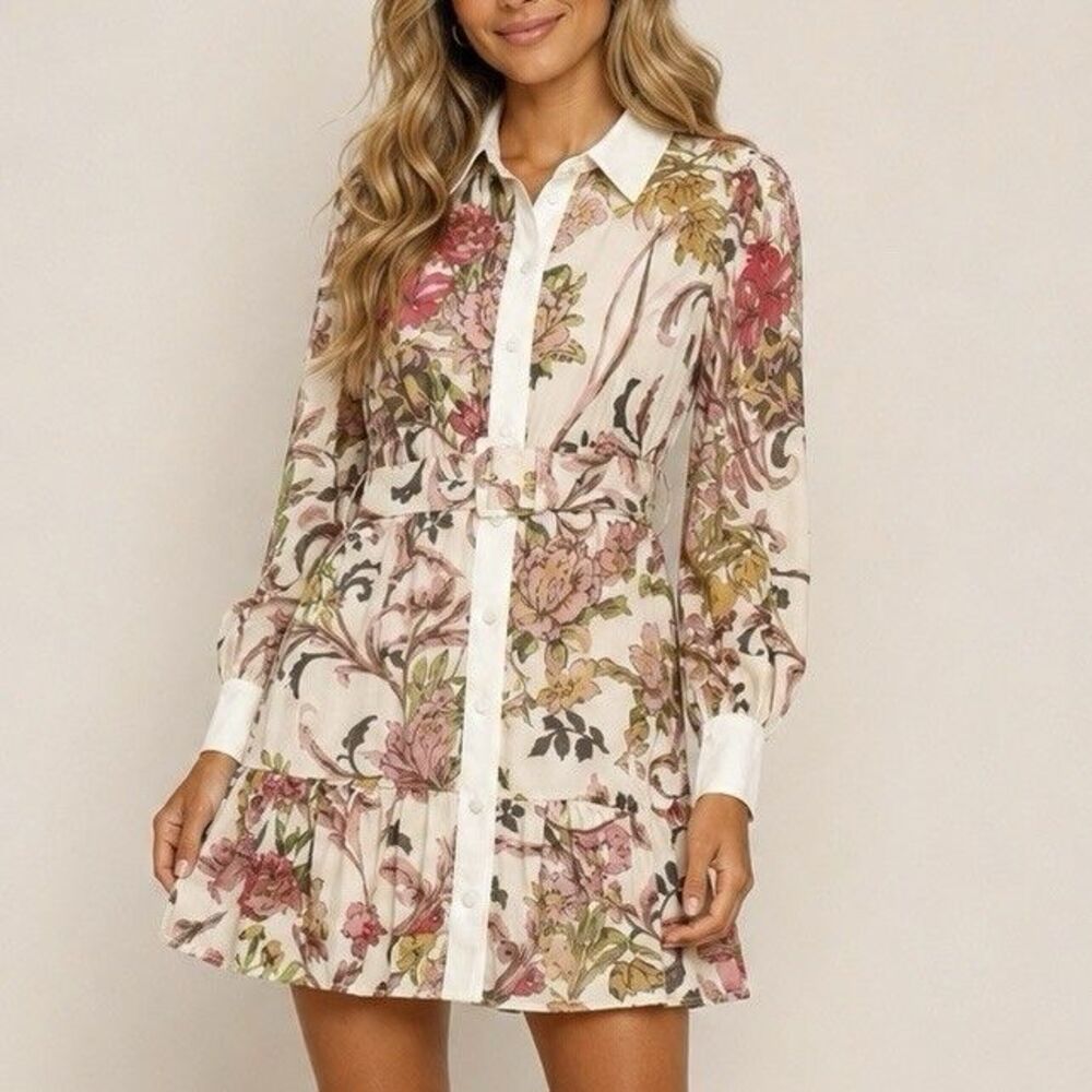 Fate Medium Floral Velvet Shirt Dress Belted Long Sleeve NWT Flaws